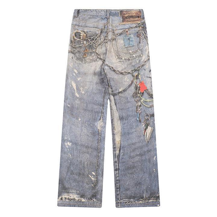 Tntwear® Baggy Washed Jeans Chains Print - tntwear1