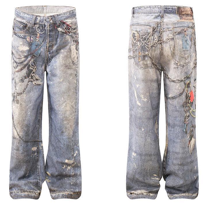 Tntwear® Baggy Washed Jeans Chains Print - tntwear1