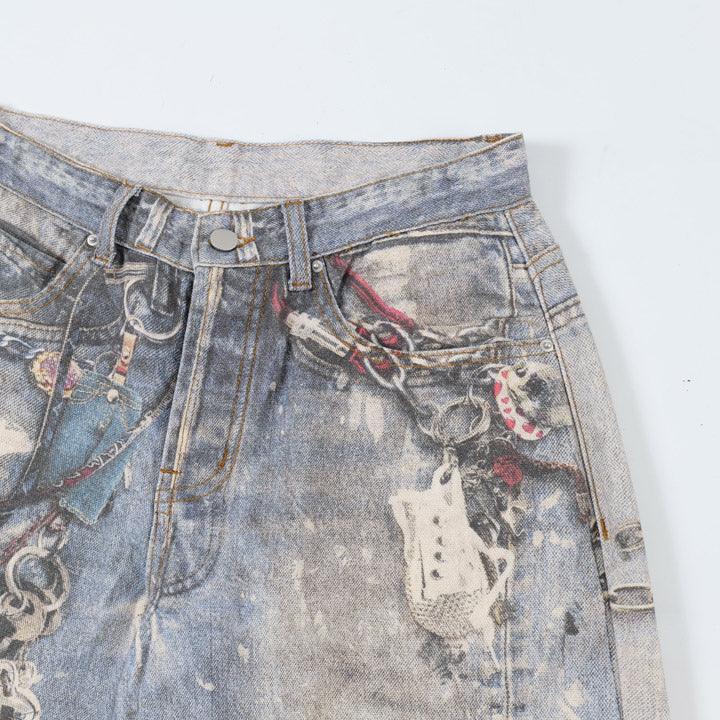 Tntwear® Baggy Washed Jeans Chains Print - tntwear1