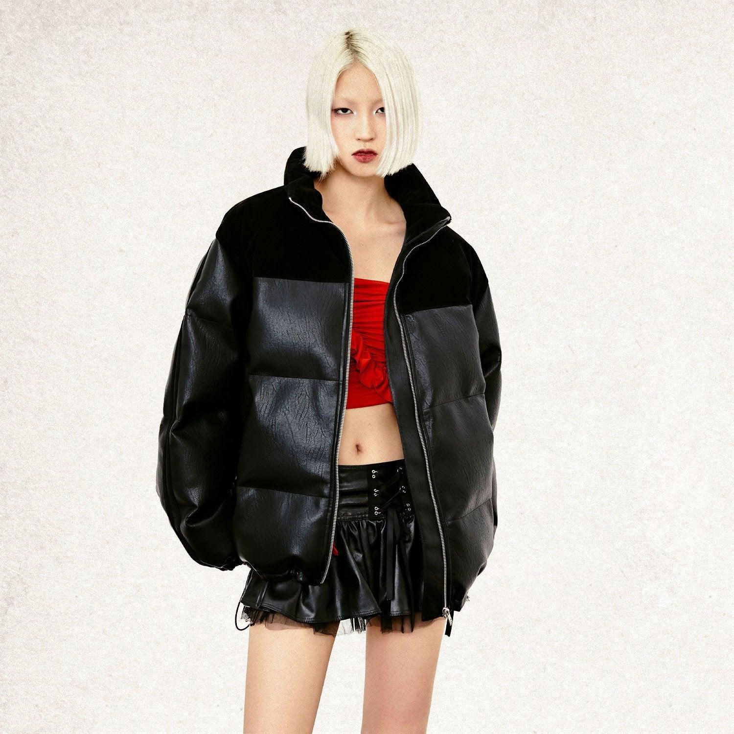 Loose Padded PU Leather Jacket - tntwear1