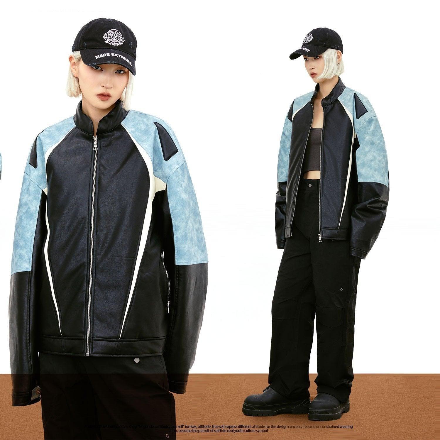 Loose Contrast Color Motorcycle Jacket - tntwear1