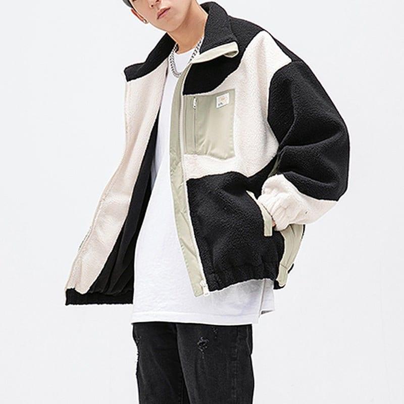 Lamb Woolen Winter Coat Patchwork Color Block - tntwear1