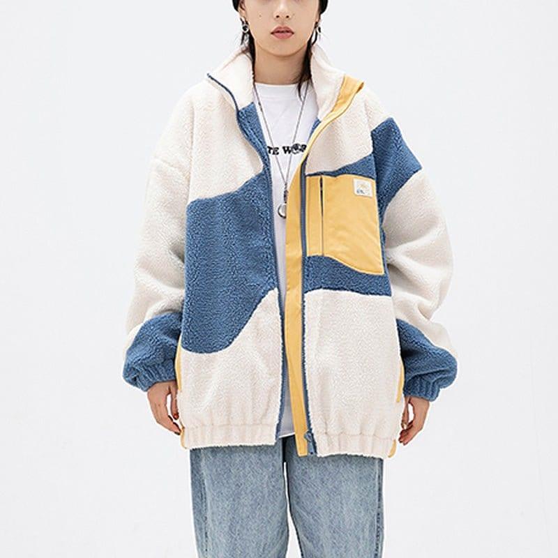 Lamb Woolen Winter Coat Patchwork Color Block - tntwear1