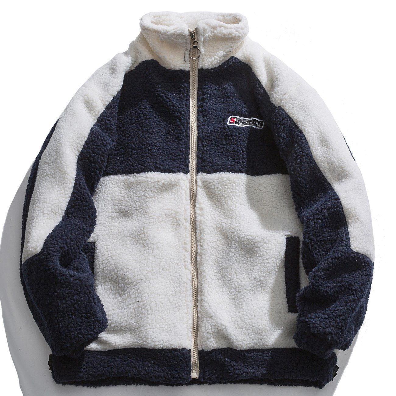 Tntwear® - Color Block Lambs Wool Stand Collar Varsity Jacket - tntwear1