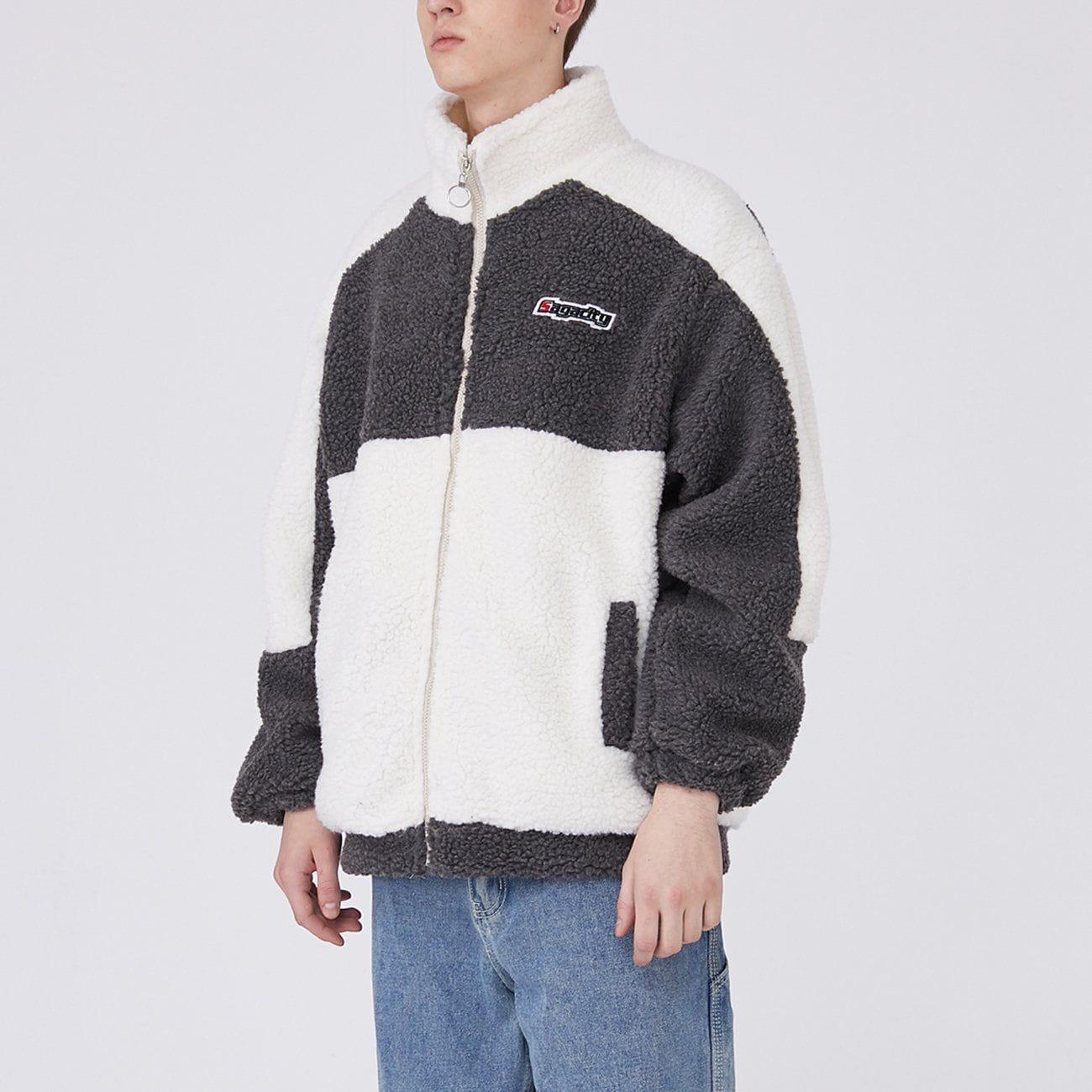 Tntwear® - Color Block Lambs Wool Stand Collar Varsity Jacket - tntwear1
