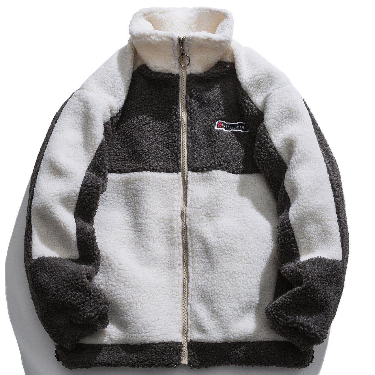 Tntwear® - Color Block Lambs Wool Stand Collar Varsity Jacket - tntwear1
