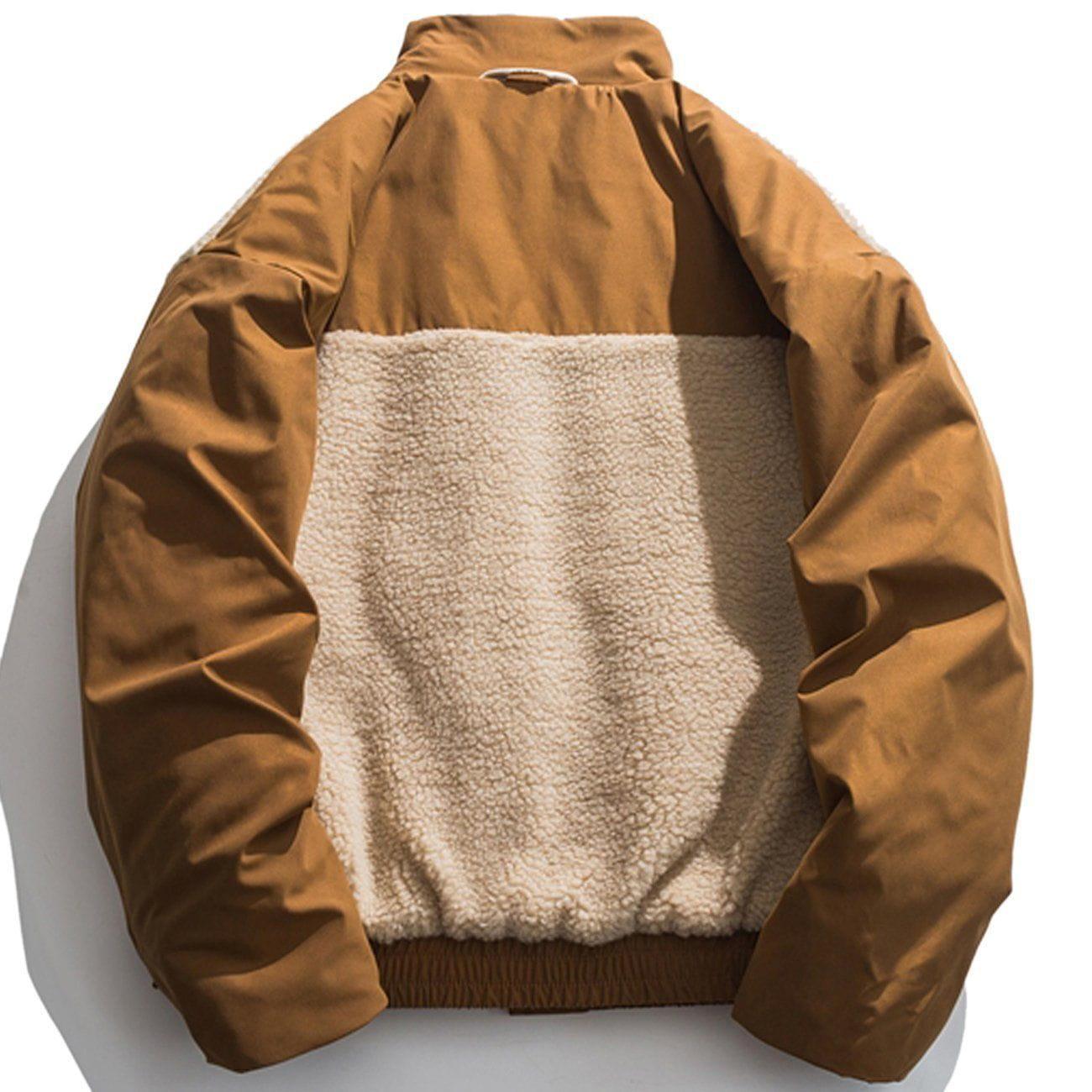Tntwear® - Color Block Patchwork Pockets Sherpa Coat - tntwear1
