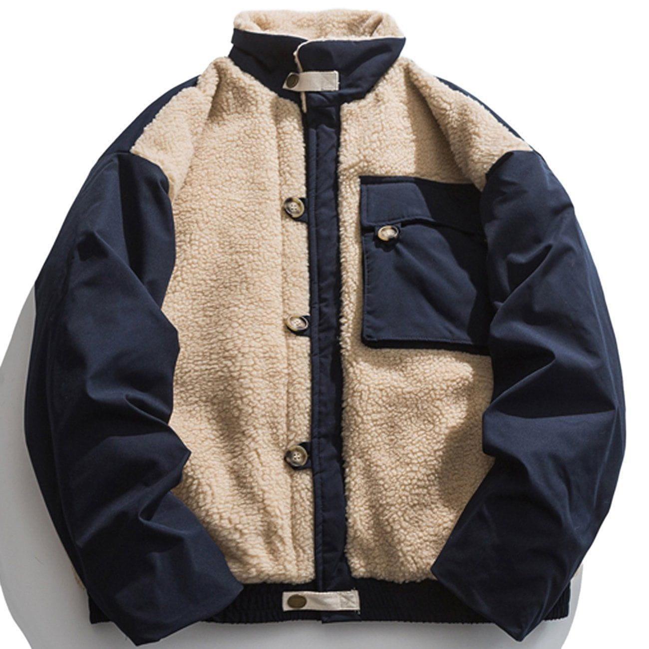 Tntwear® - Color Block Patchwork Pockets Sherpa Coat - tntwear1
