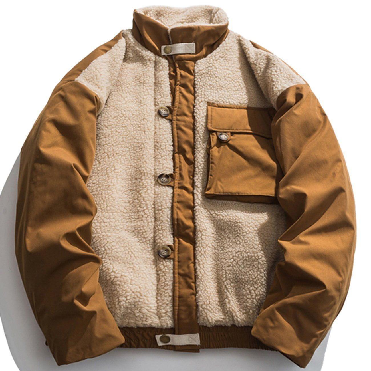 Tntwear® - Color Block Patchwork Pockets Sherpa Coat - tntwear1