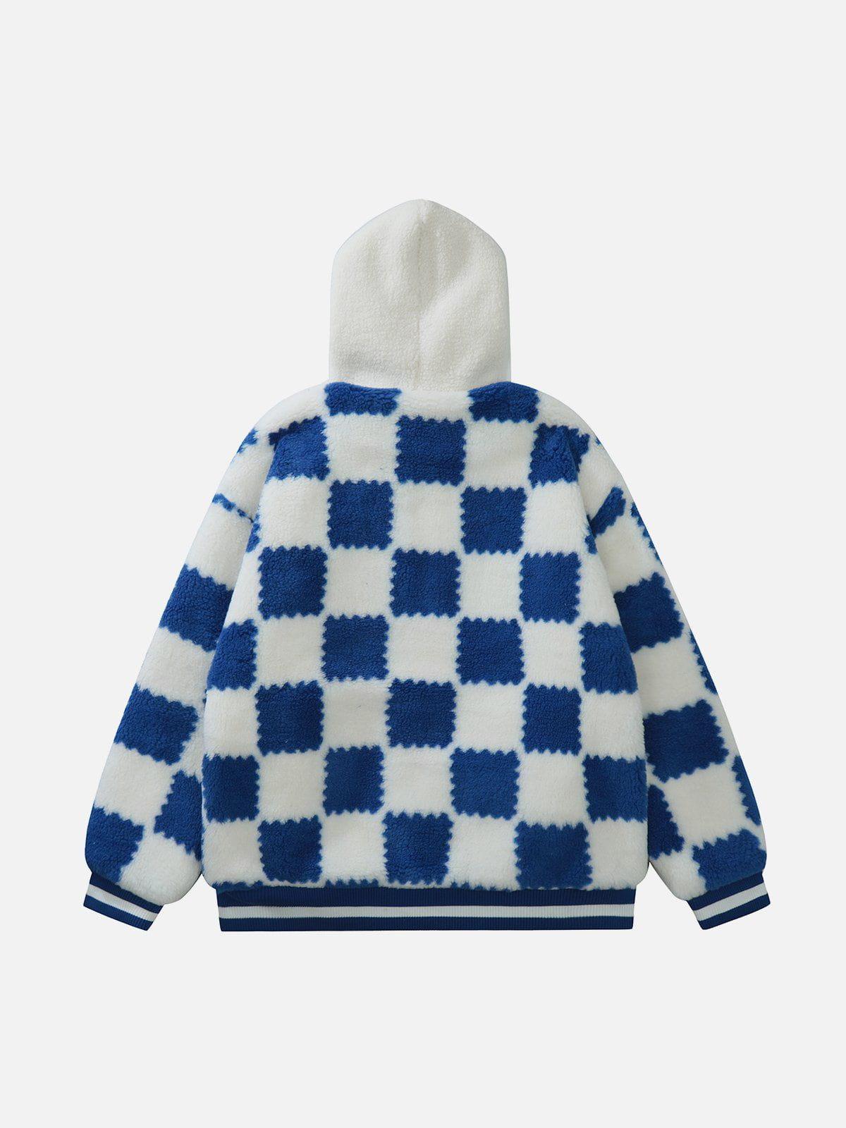 Tntwear® - Contrast Check Hood Sherpa Coat - tntwear1