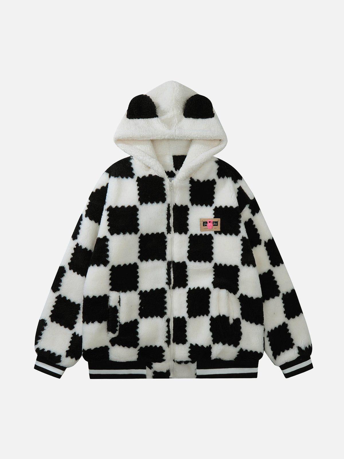 Tntwear® - Contrast Check Hood Sherpa Coat - tntwear1