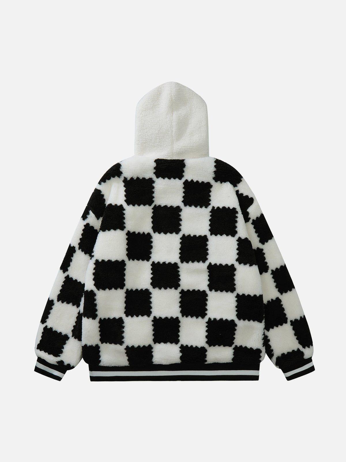 Tntwear® - Contrast Check Hood Sherpa Coat - tntwear1