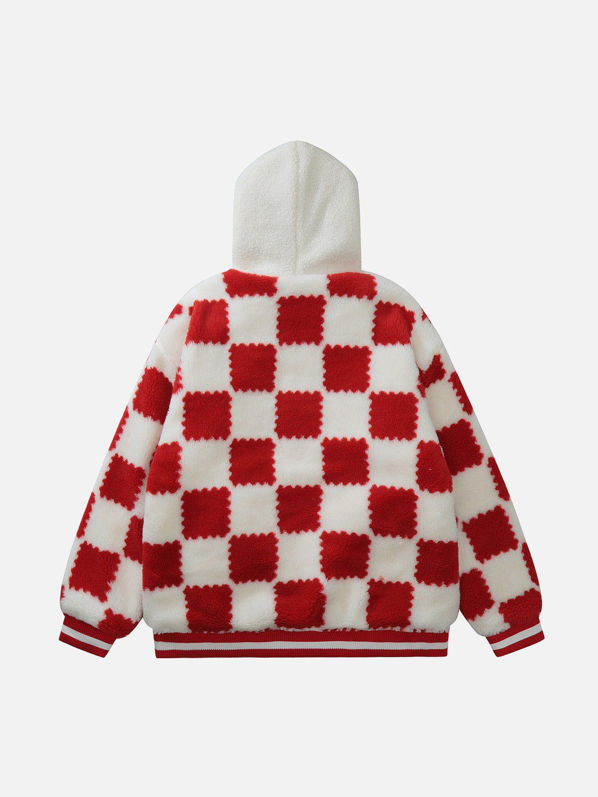 Tntwear® - Contrast Check Hood Sherpa Coat - tntwear1