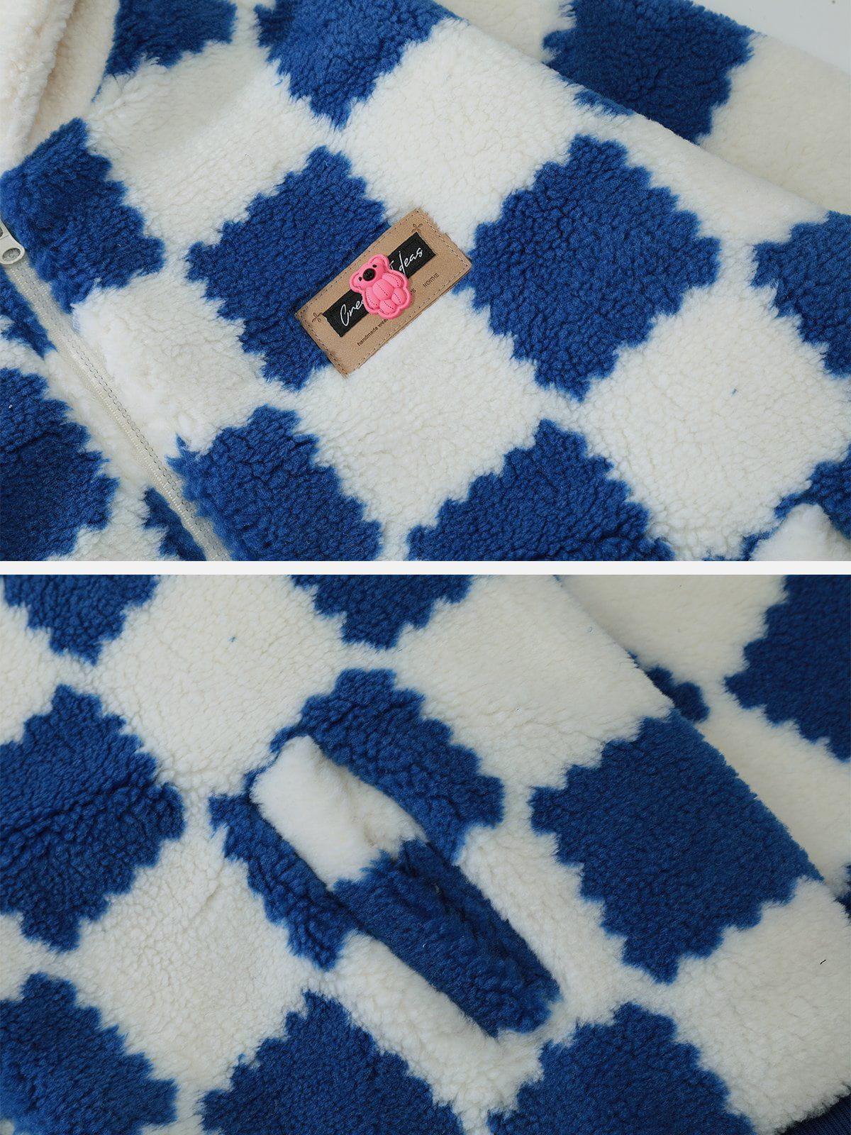 Tntwear® - Contrast Check Hood Sherpa Coat - tntwear1