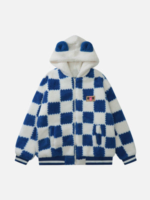 Tntwear® - Contrast Check Hood Sherpa Coat - tntwear1