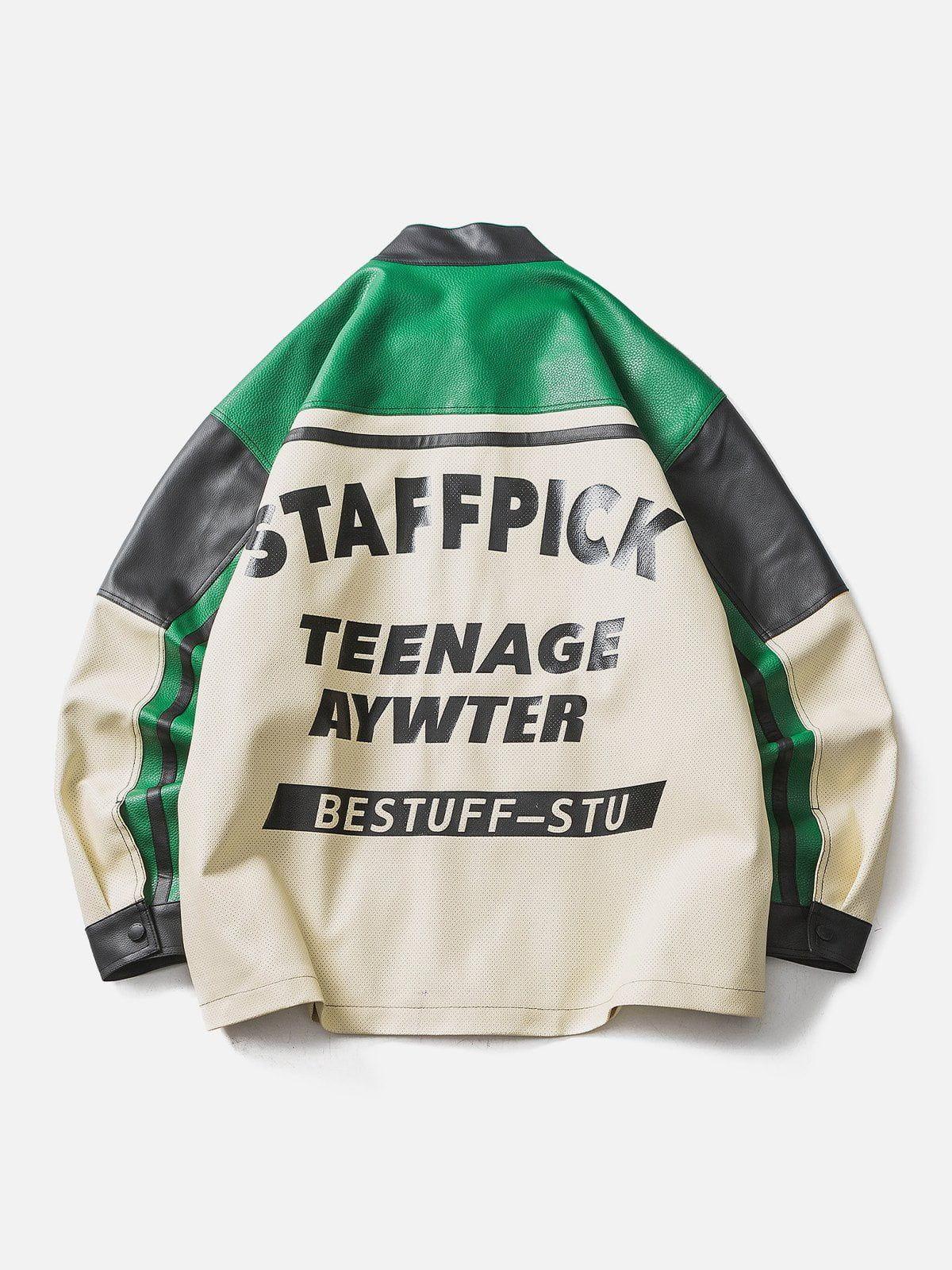 Tntwear® - Contrast Splicing Stand Collar Leather Jacket - tntwear1