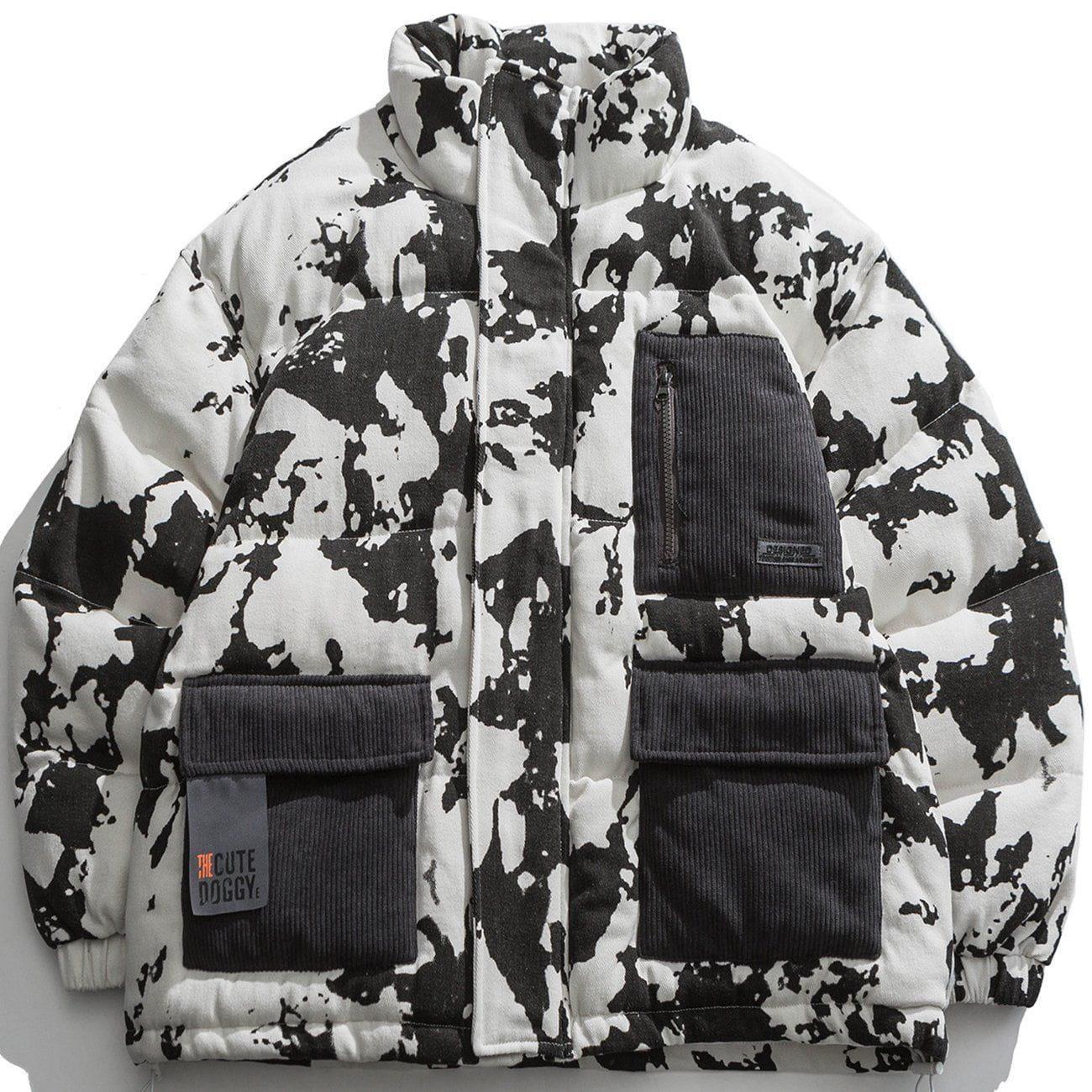 Tntwear® - Cow Stripes Pattern Patchwork Pockets Winter Coat - tntwear1