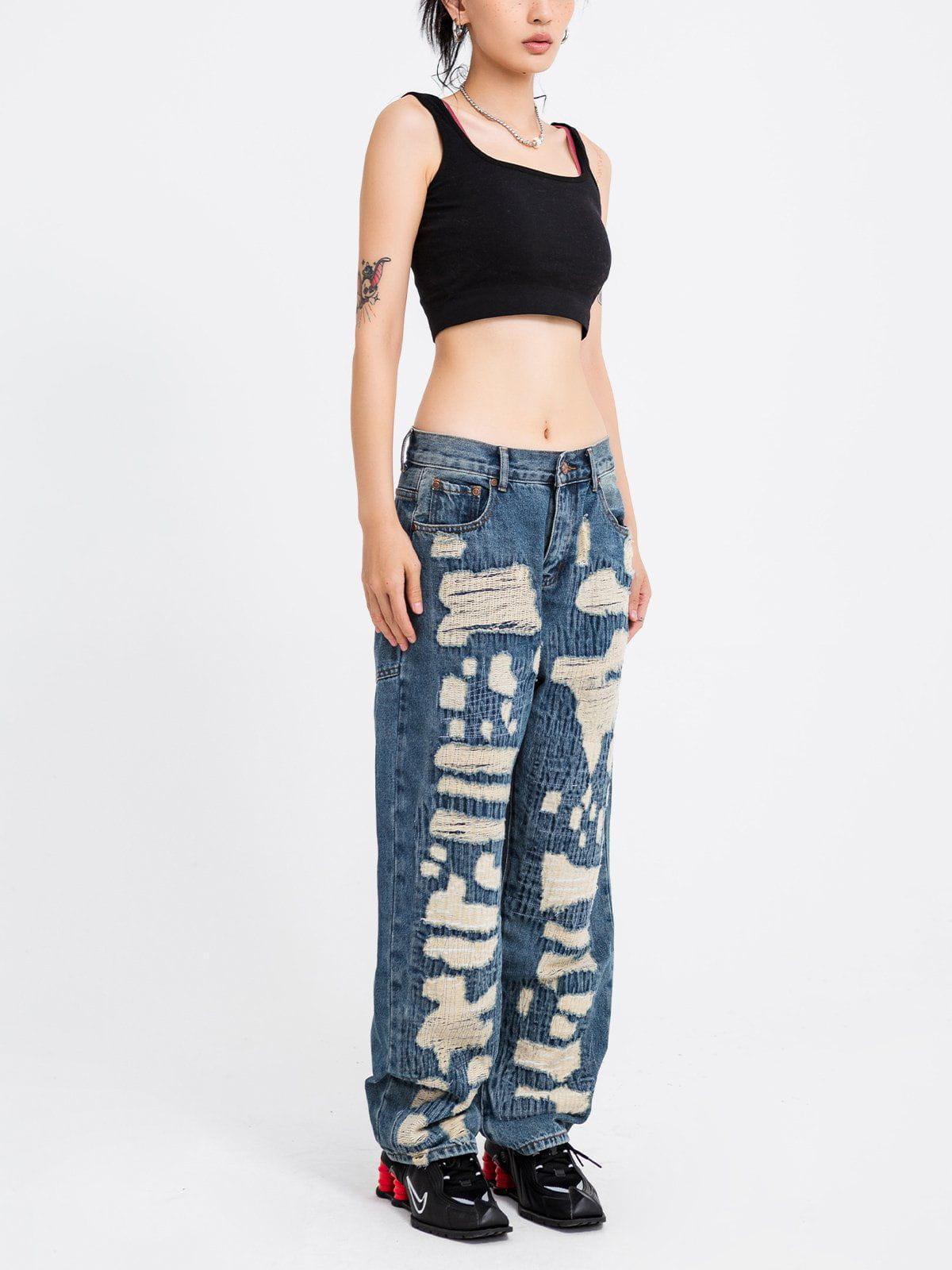 Tntwear® - Distressed Stitched Patched Jeans - tntwear1