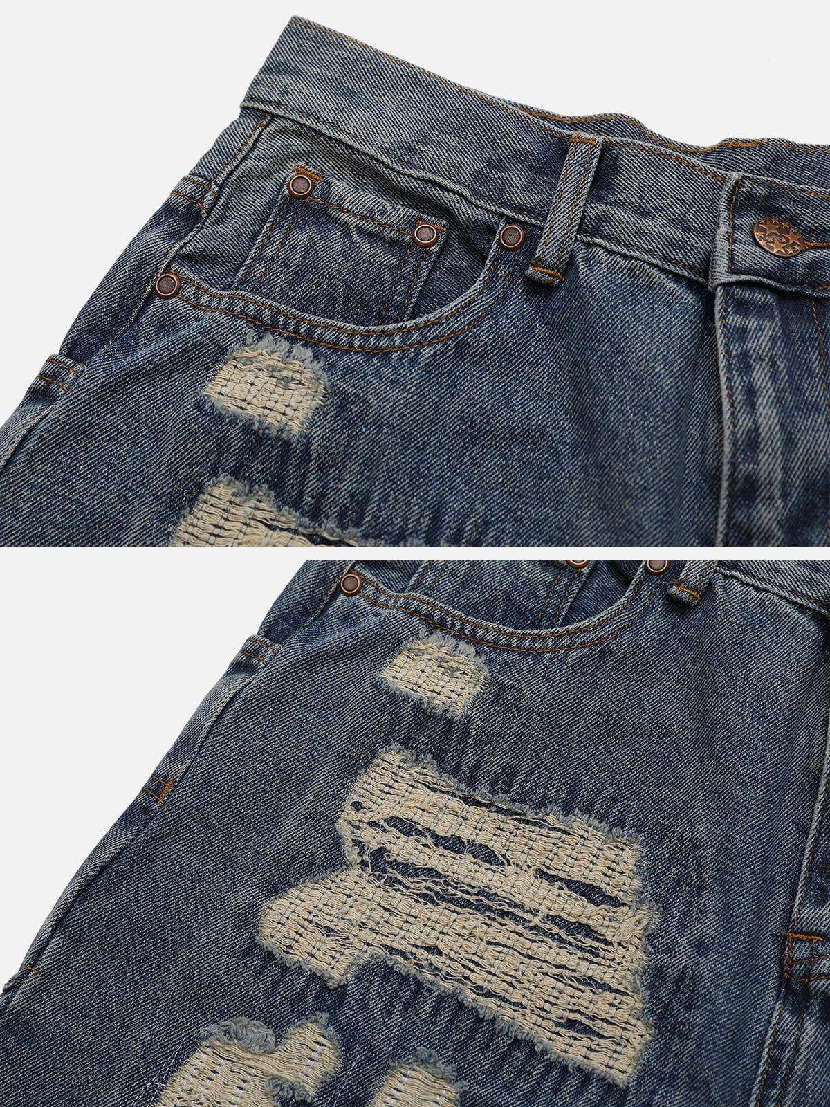 Tntwear® - Distressed Stitched Patched Jeans - tntwear1