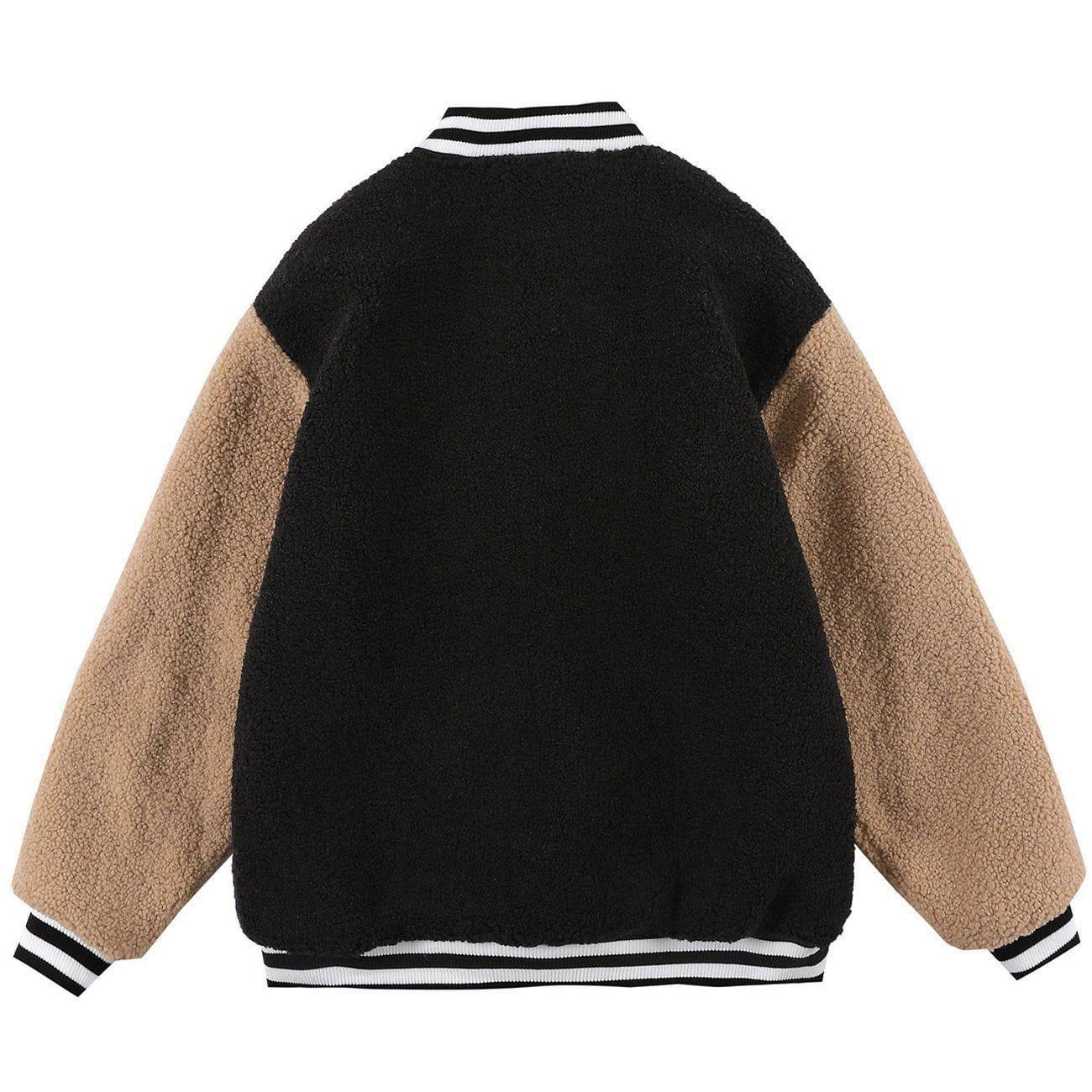 Tntwear® - Embroidered Letters Color Matching Sherpa Winter Coat - tntwear1