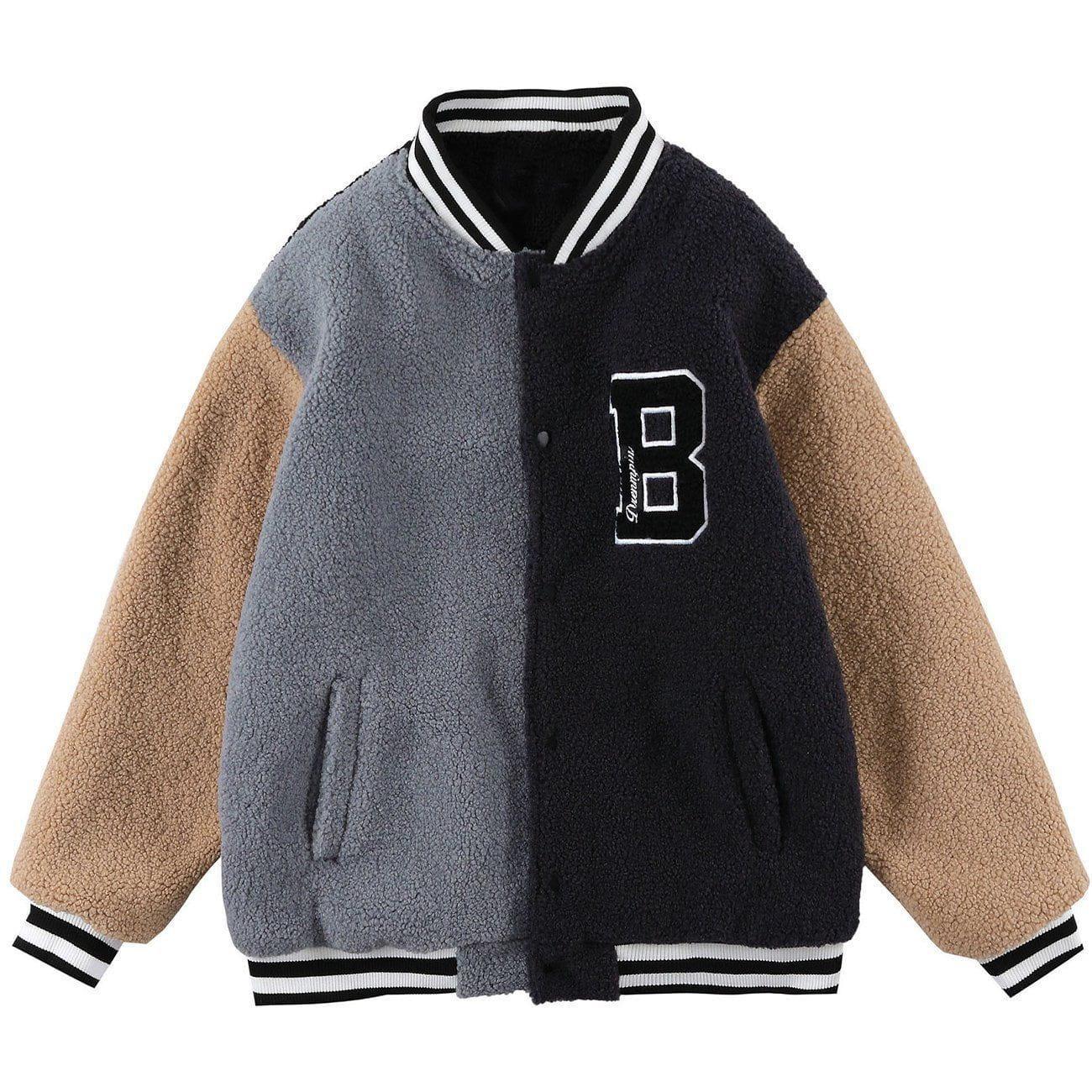 Tntwear® - Embroidered Letters Color Matching Sherpa Winter Coat - tntwear1