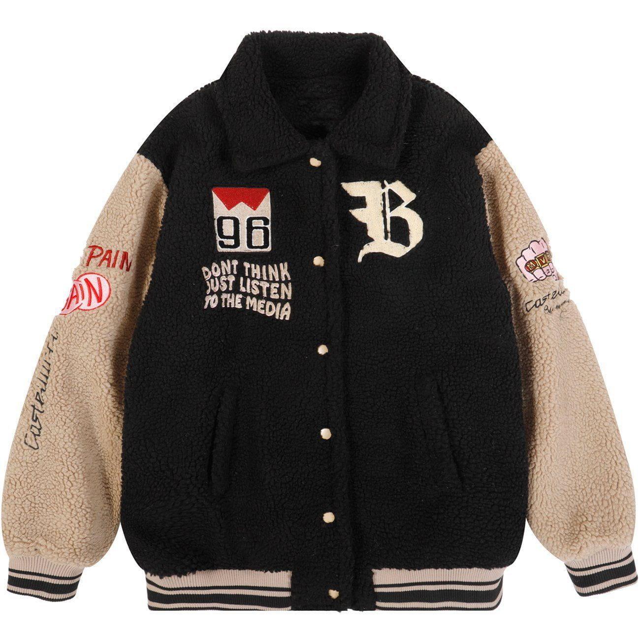 Tntwear® - Embroidered Letters Sherpa Winter Coat - tntwear1