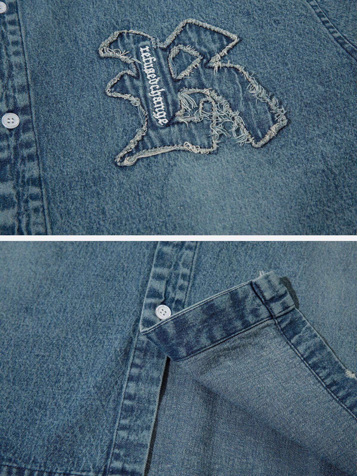 Tntwear® - Embroidery Denim Short Sleeve Shirts - tntwear1