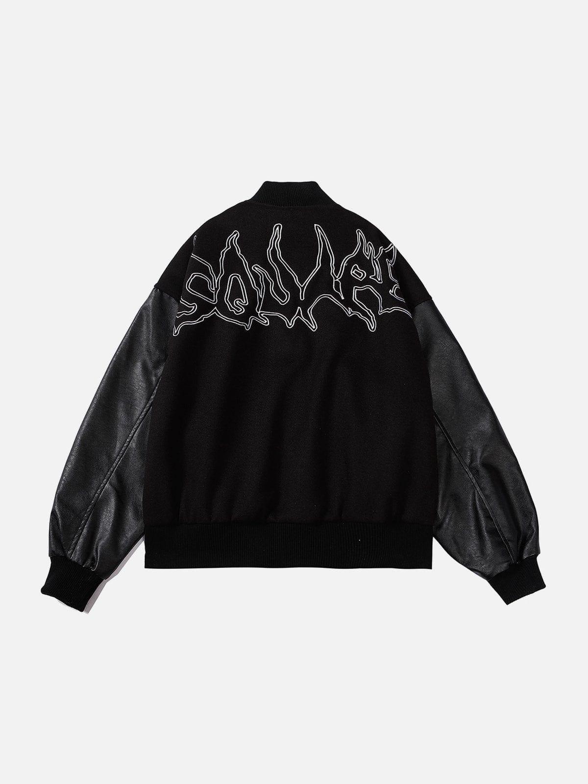 Tntwear® - Flame Embroidery Patchwork PU Jacket - tntwear1