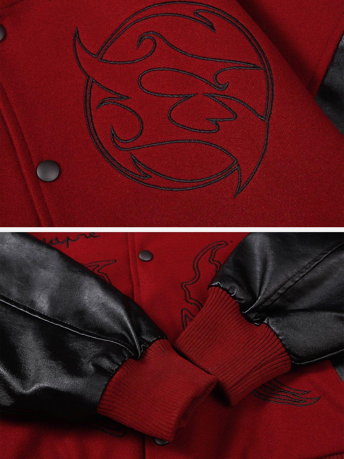 Tntwear® - Flame Embroidery Patchwork PU Jacket - tntwear1