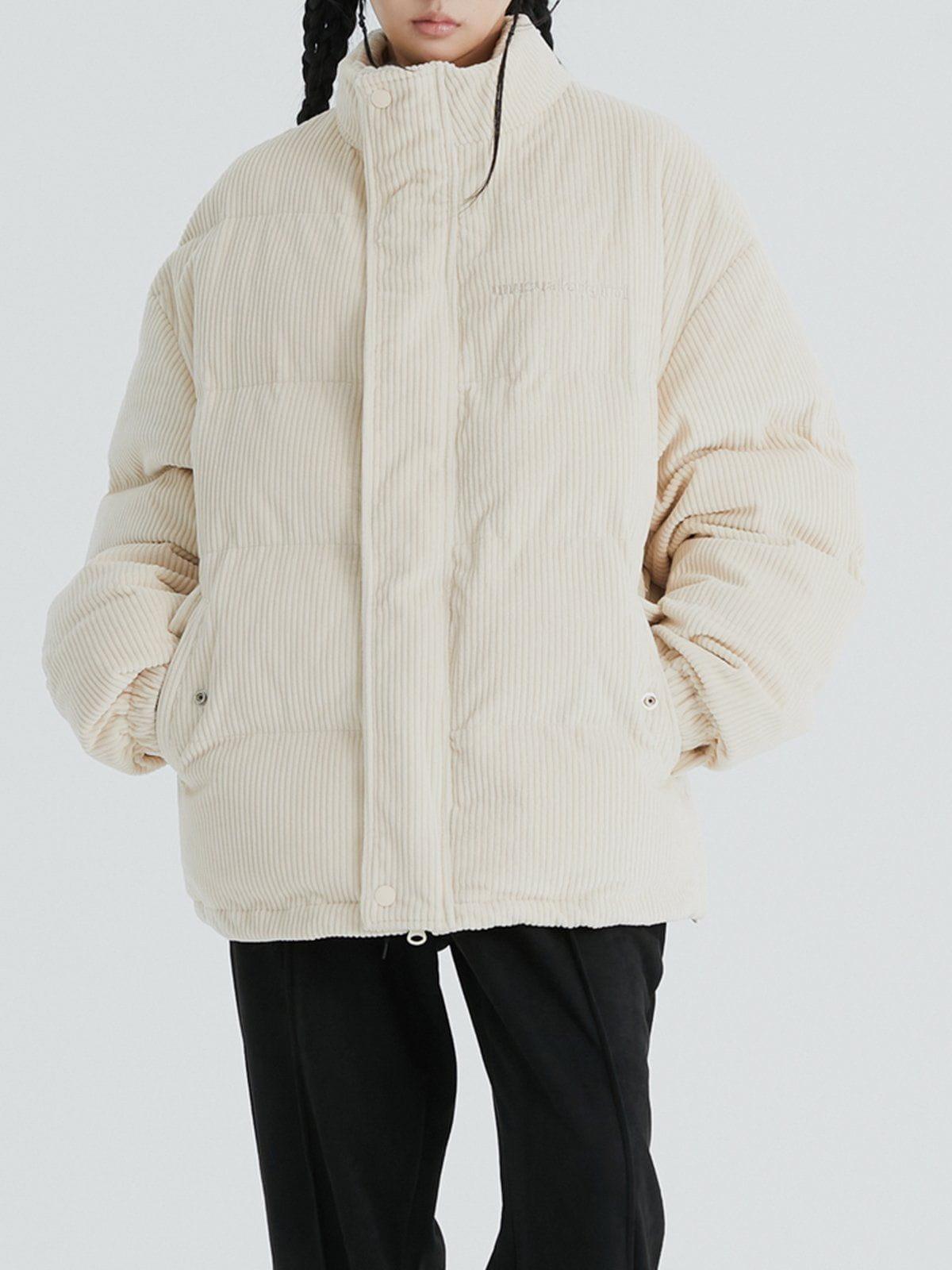 Tntwear® - Letter Embroidered Corduroy Stand Collar Winter Coat - tntwear1