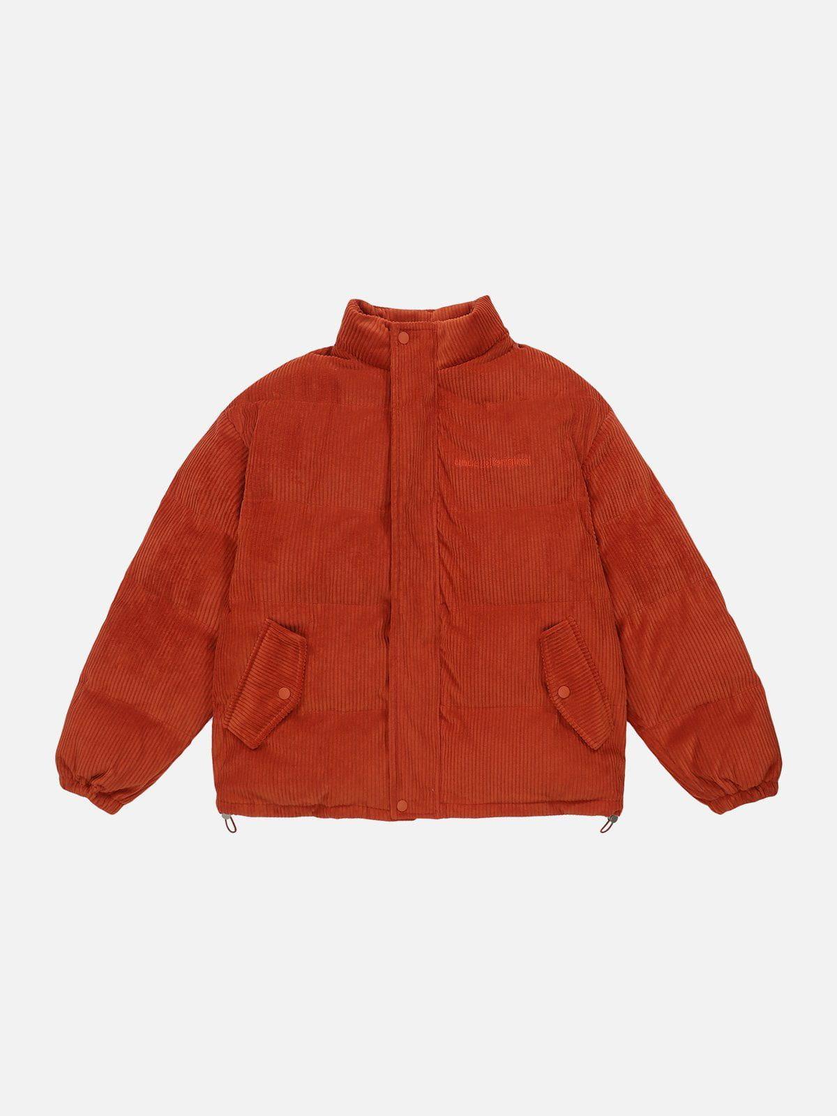 Tntwear® - Letter Embroidered Corduroy Stand Collar Winter Coat - tntwear1