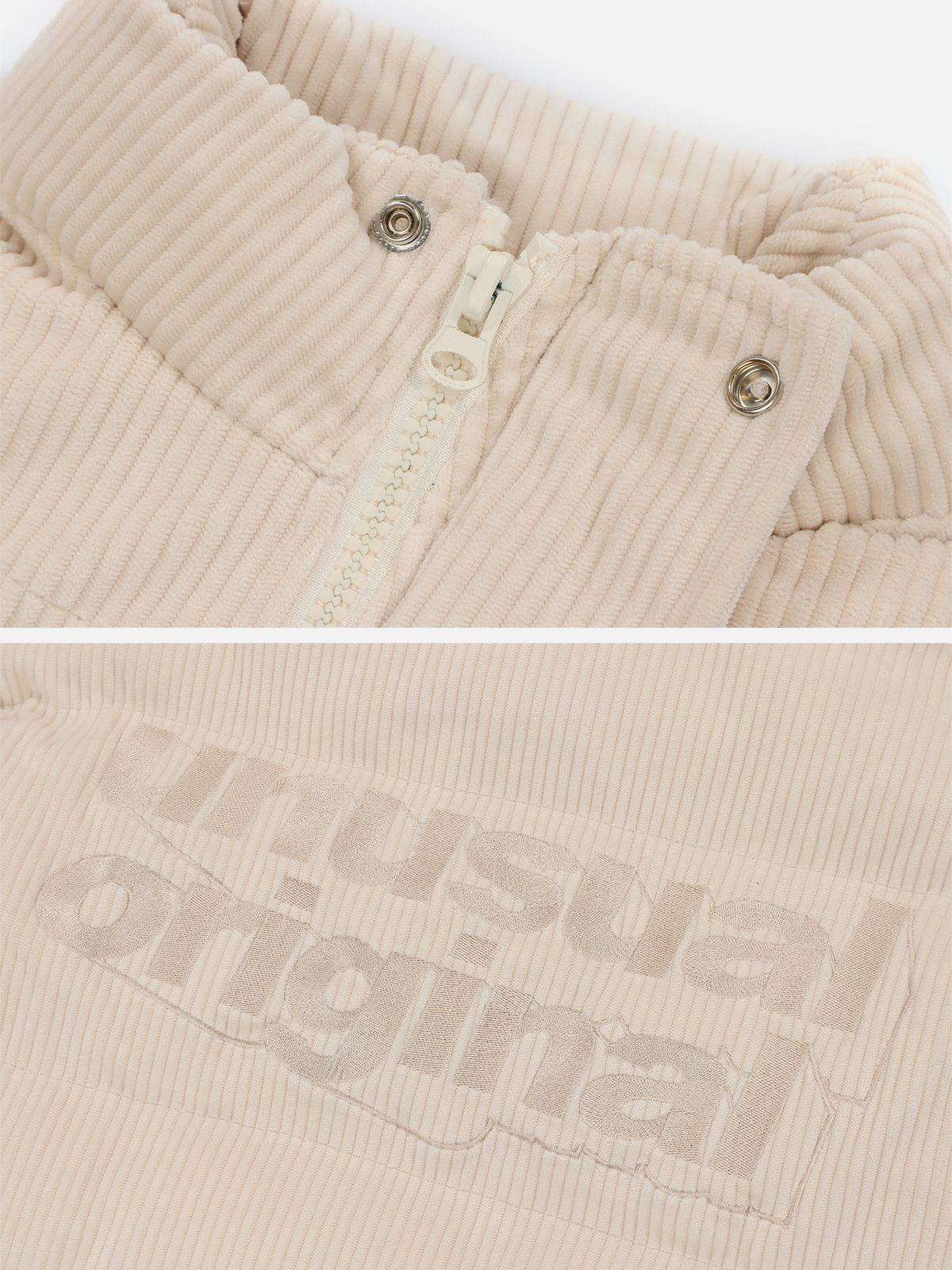 Tntwear® - Letter Embroidered Corduroy Stand Collar Winter Coat - tntwear1