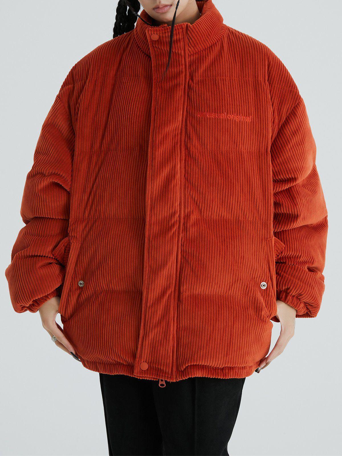 Tntwear® - Letter Embroidered Corduroy Stand Collar Winter Coat - tntwear1