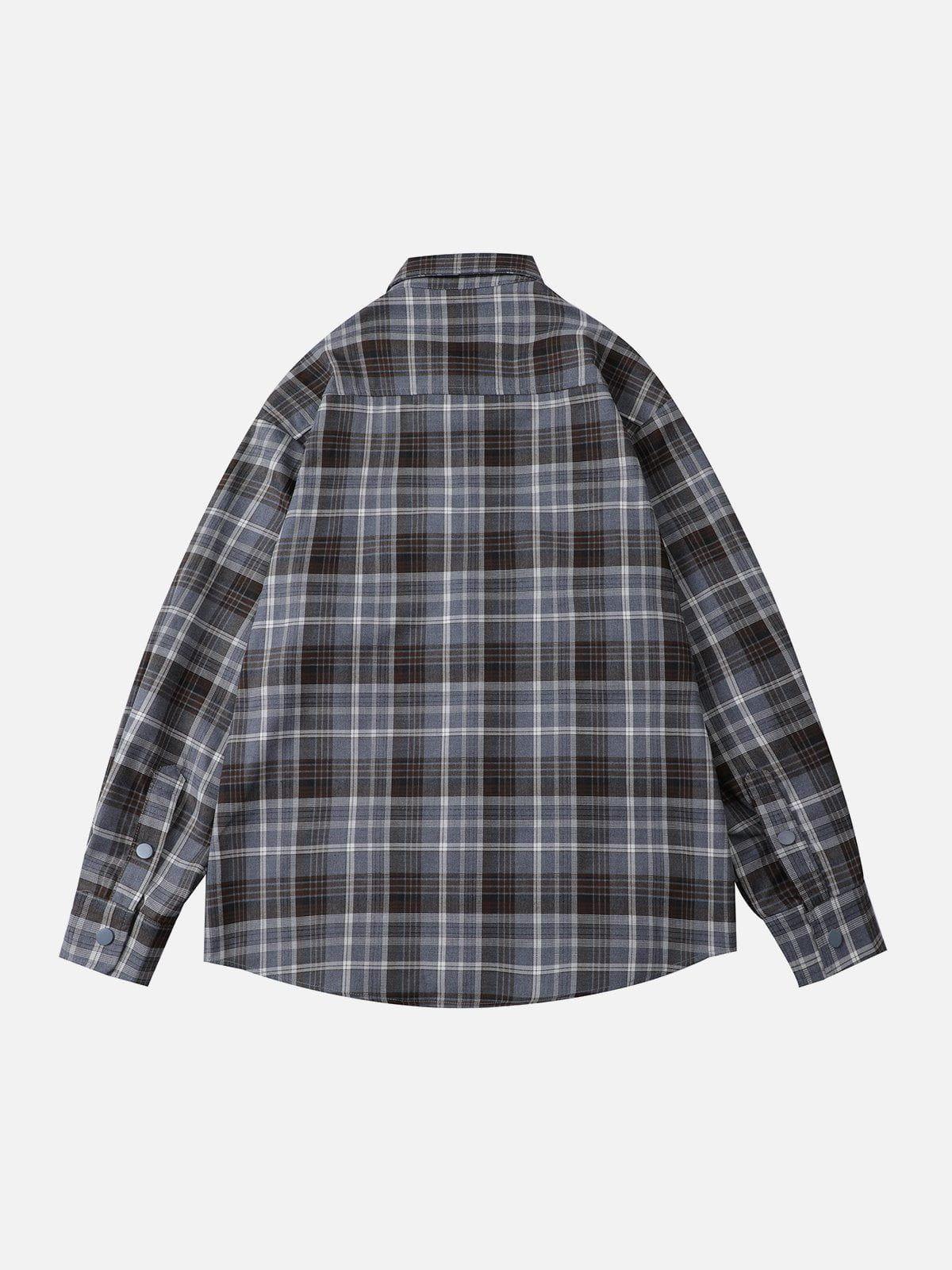 Tntwear® - Patch Embroidered Plaid Long Sleeve Shirt - tntwear1