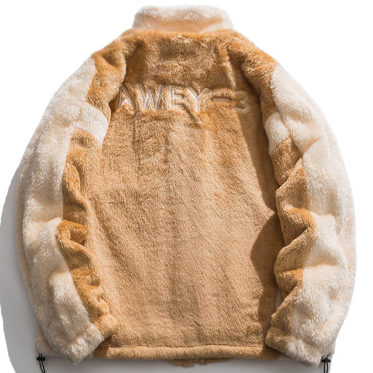 Tntwear® - Patchwork Color Letter Embroidery Sherpa Winter Coat - tntwear1