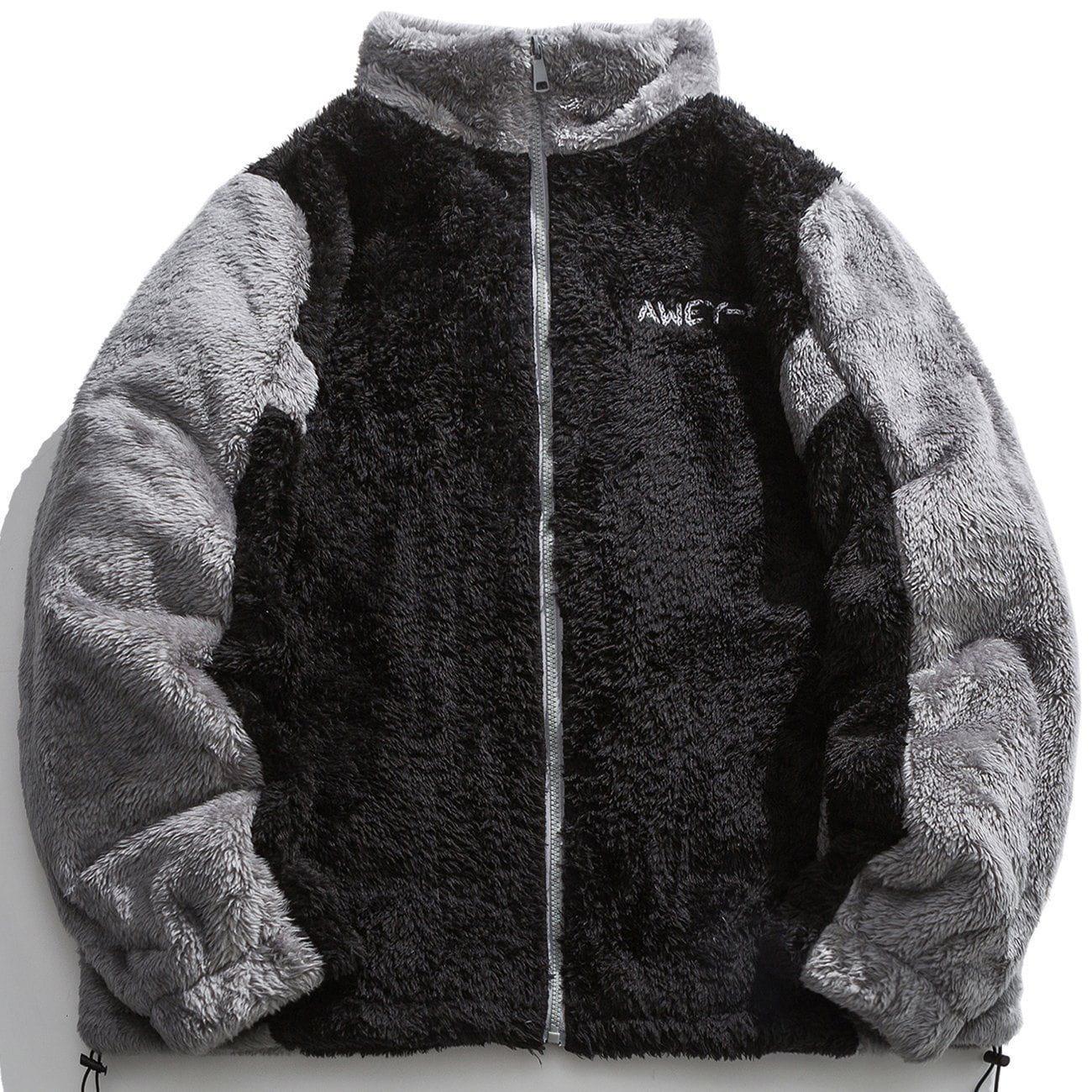 Tntwear® - Patchwork Color Letter Embroidery Sherpa Winter Coat - tntwear1