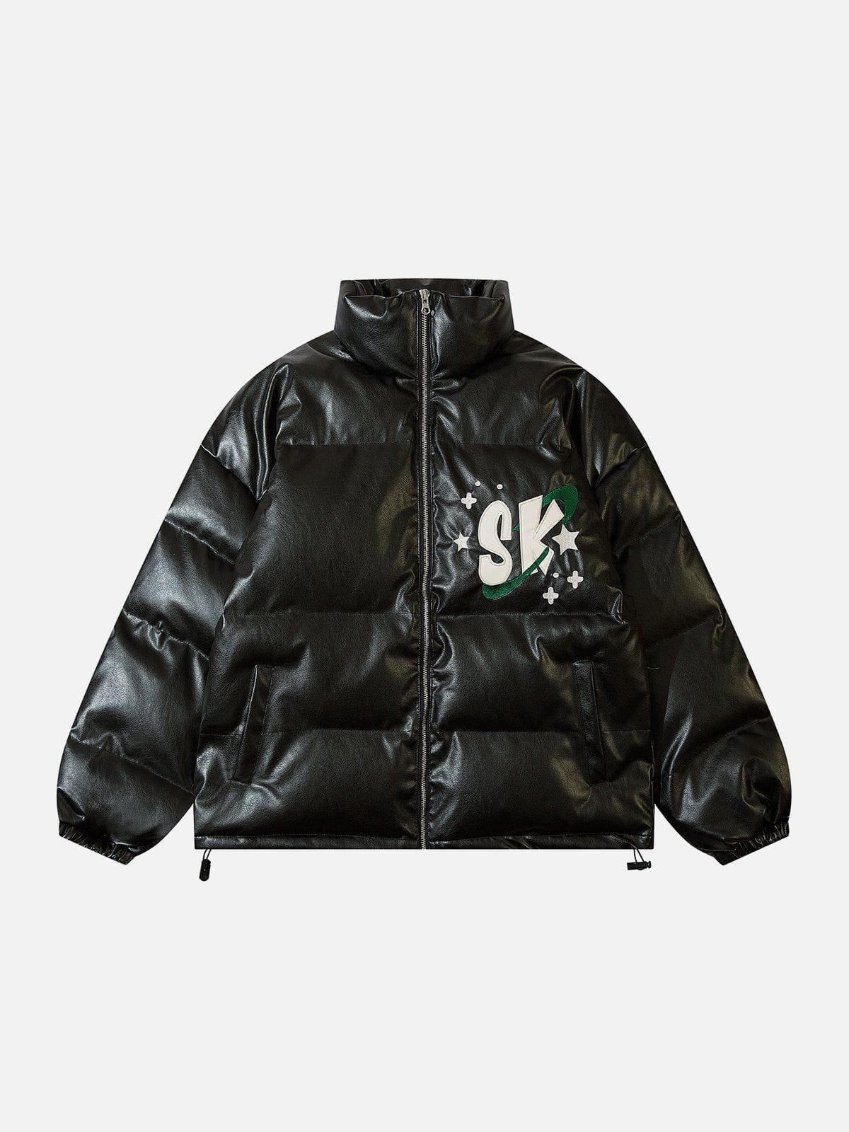 Tntwear® - SK Letter Embroidery PU Winter Coat - tntwear1