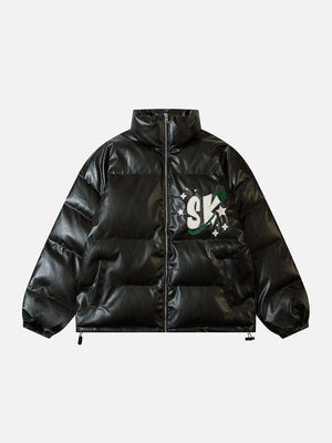 Tntwear® - SK Letter Embroidery PU Winter Coat - tntwear1
