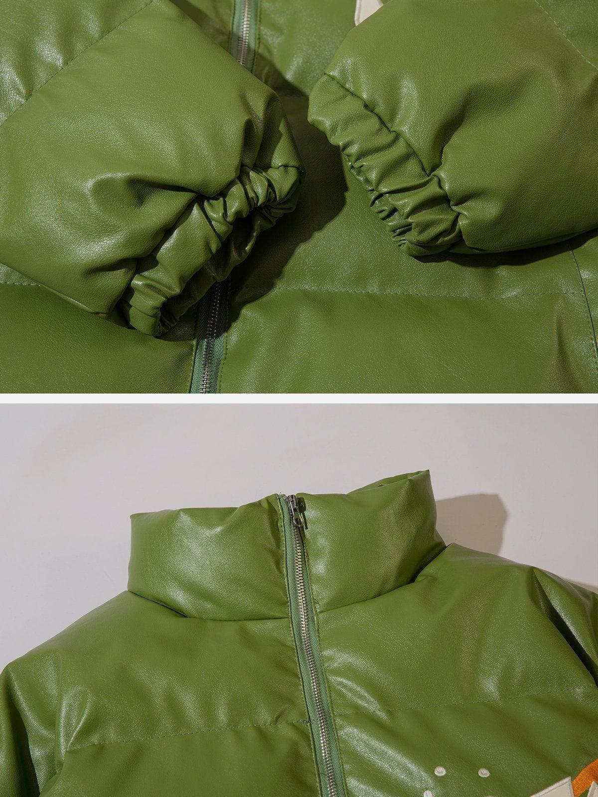 Tntwear® - SK Letter Embroidery PU Winter Coat - tntwear1
