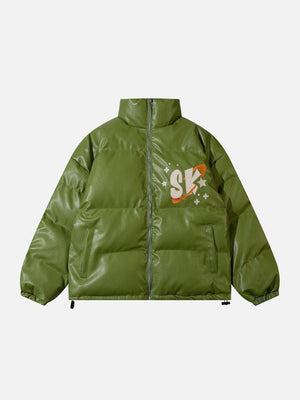 Tntwear® - SK Letter Embroidery PU Winter Coat - tntwear1