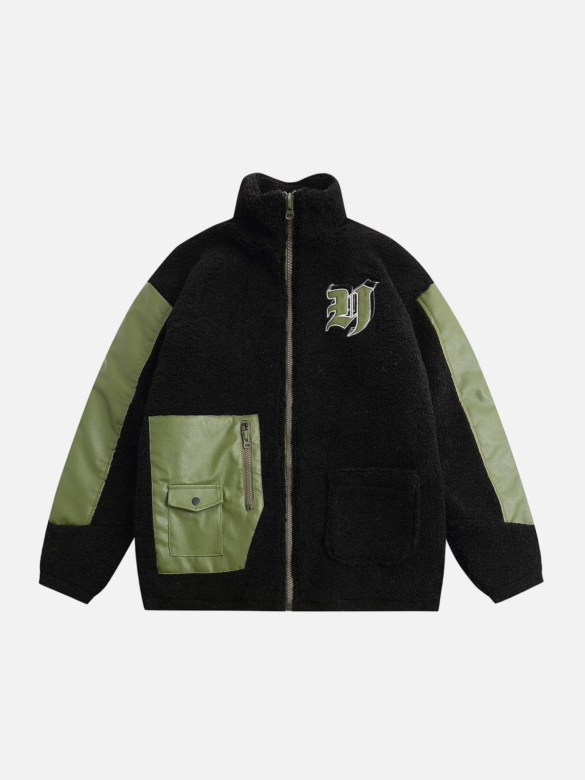 Tntwear® - Stand Collar PU Panel Sherpa Winter Coat - tntwear1
