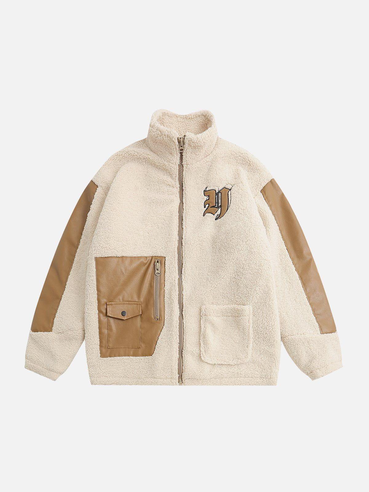 Tntwear® - Stand Collar PU Panel Sherpa Winter Coat - tntwear1