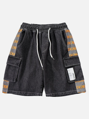 Tntwear® - Vintage Stitching Pocket Letter Print Denim Shorts - tntwear1