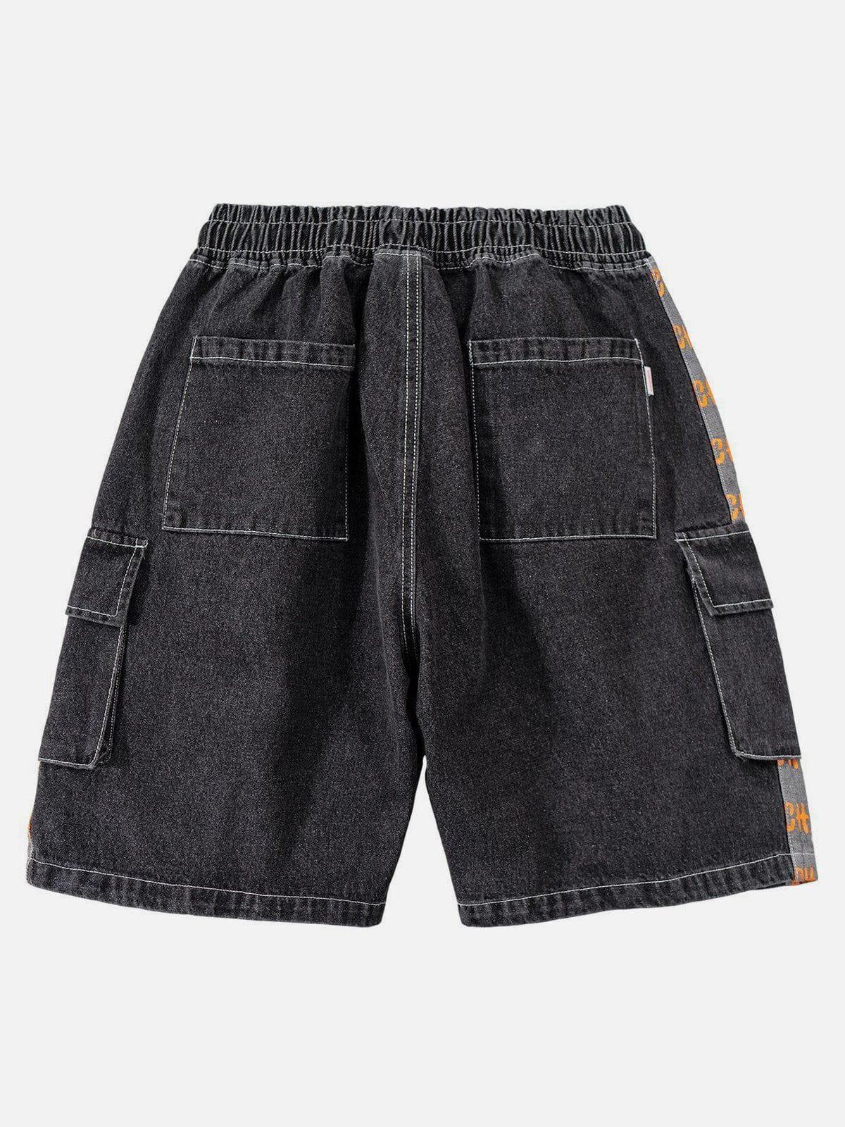 Tntwear® - Vintage Stitching Pocket Letter Print Denim Shorts - tntwear1