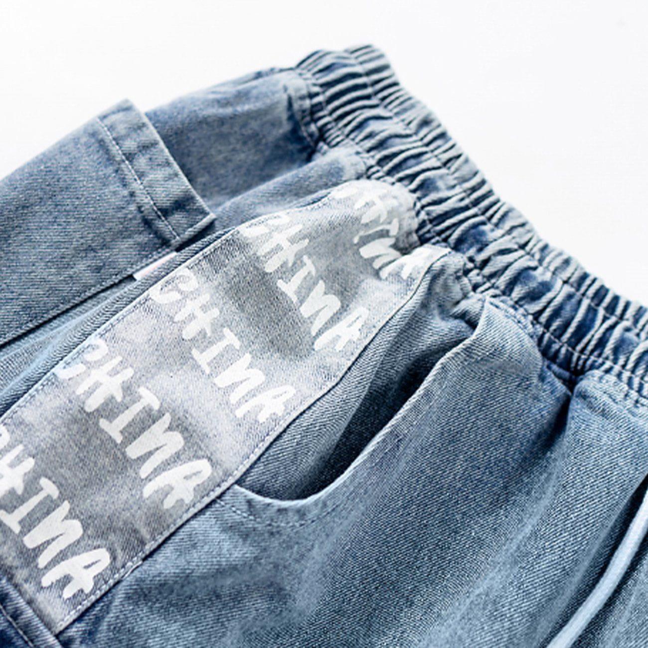 Tntwear® - Vintage Stitching Pocket Letter Print Denim Shorts - tntwear1