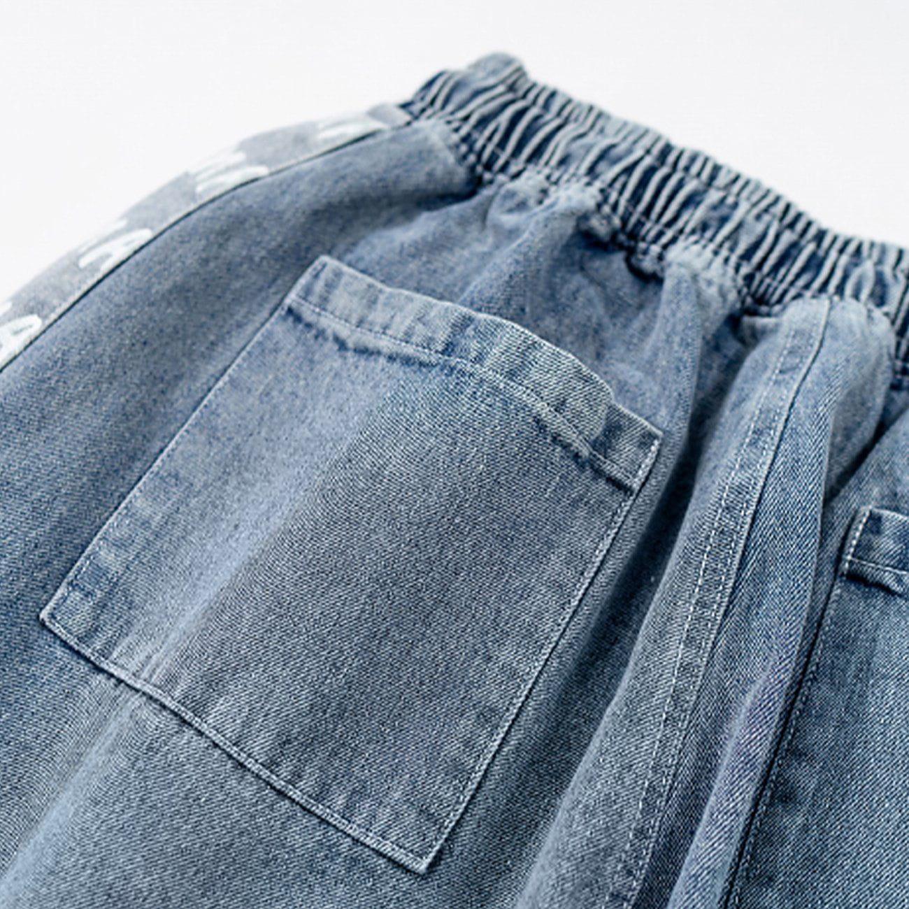 Tntwear® - Vintage Stitching Pocket Letter Print Denim Shorts - tntwear1