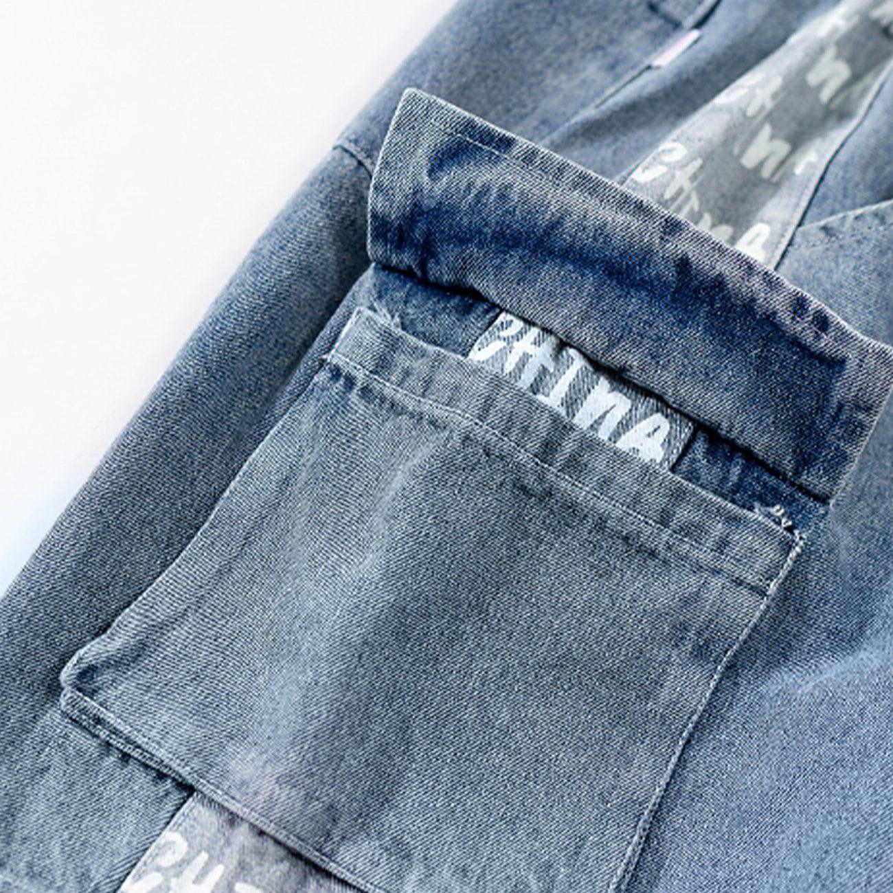 Tntwear® - Vintage Stitching Pocket Letter Print Denim Shorts - tntwear1