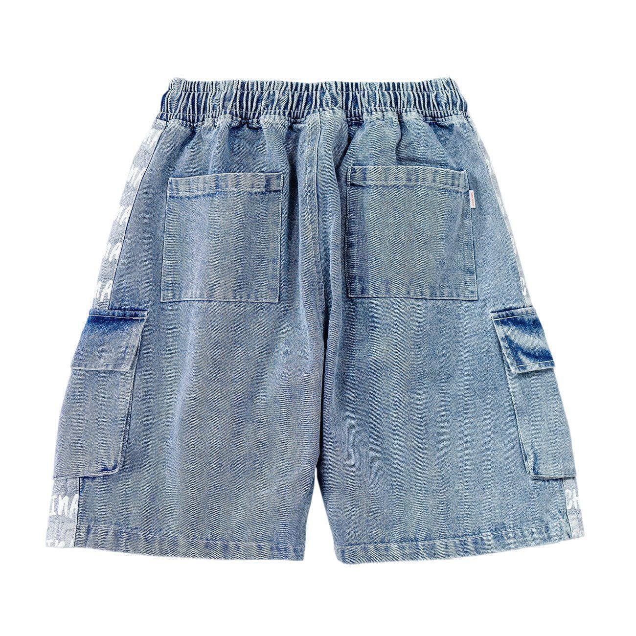 Tntwear® - Vintage Stitching Pocket Letter Print Denim Shorts - tntwear1
