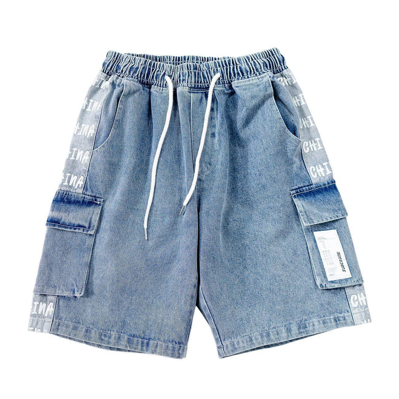 Tntwear® - Vintage Stitching Pocket Letter Print Denim Shorts - tntwear1