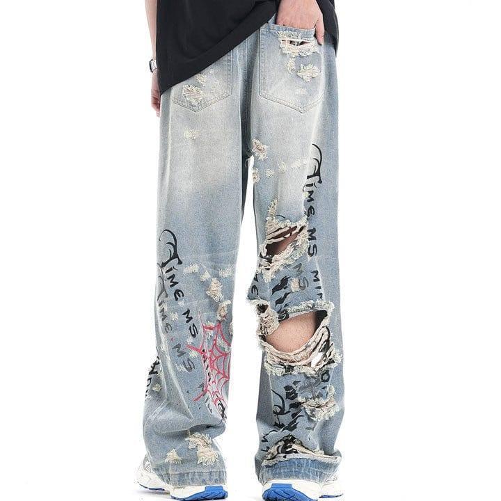 Tntwear® Light Blue Ripped Jeans Spider Web - tntwear1